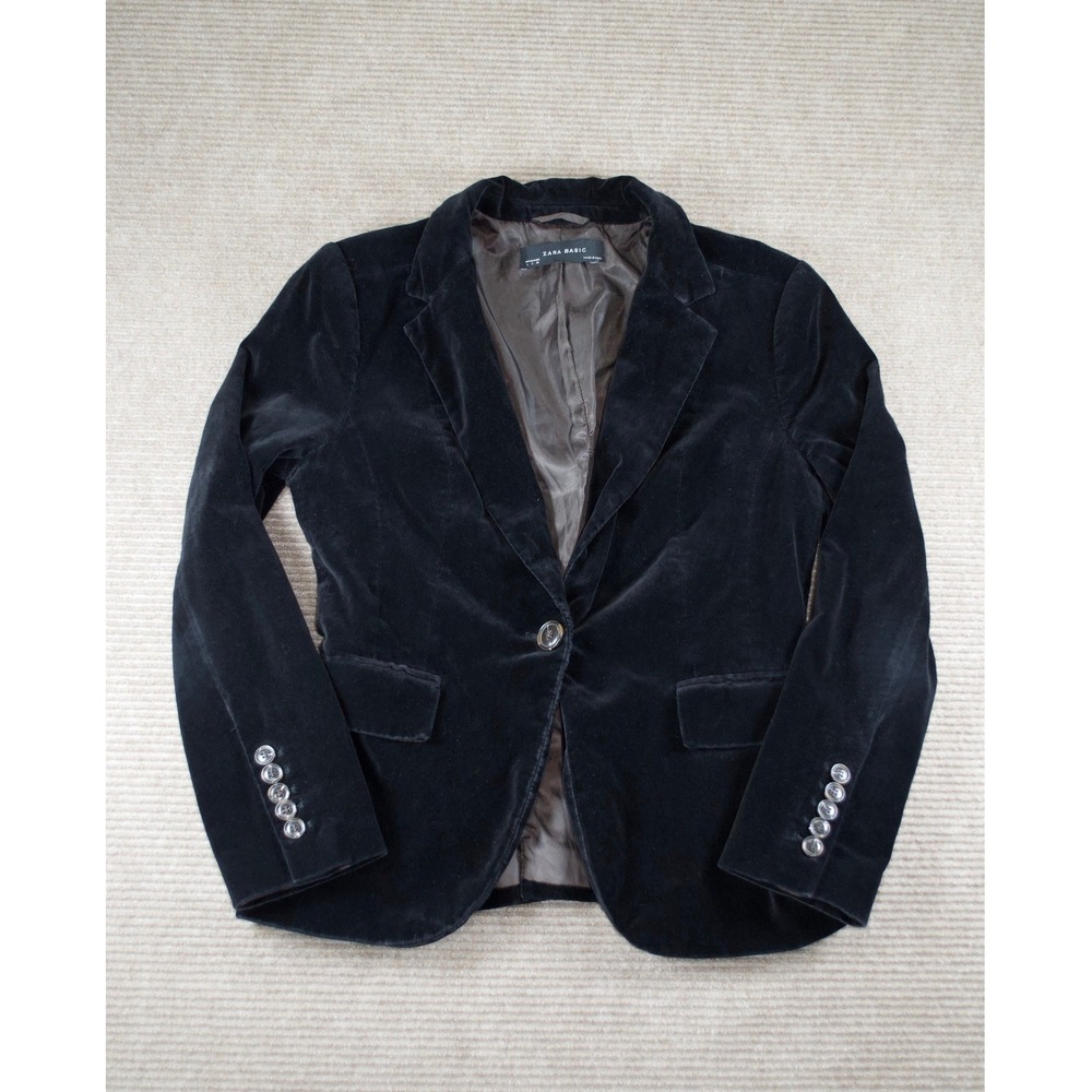 Zara Basic Black Velvet Blazer Jacket L Large Tailored Single Button